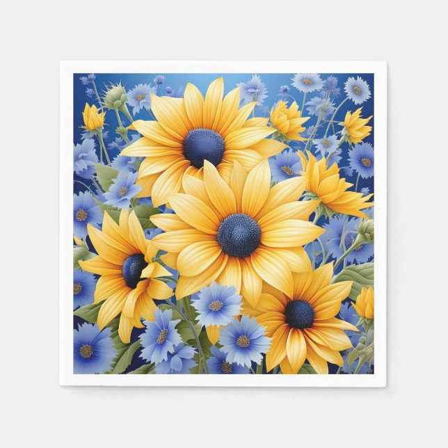 Sunflower Elegant With Soft Blue Wildflowers Napkin (Front)