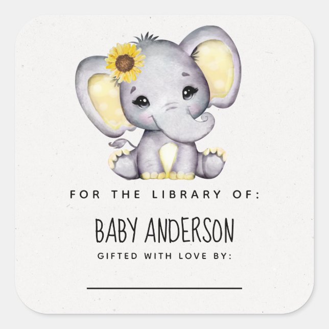 Sunflower Elephant Baby Shower Bookplate  Square Sticker (Front)