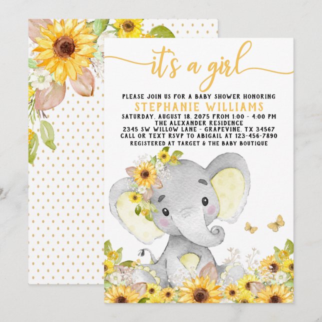 Sunflower Elephant Baby Shower Invitation (Front/Back)
