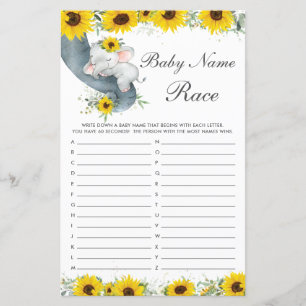 Sunflower Elephant Baby Shower Name Race Game
