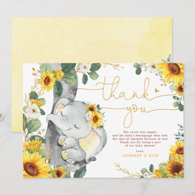 Sunflower Elephant Baby Shower Thank You Card (Front/Back)