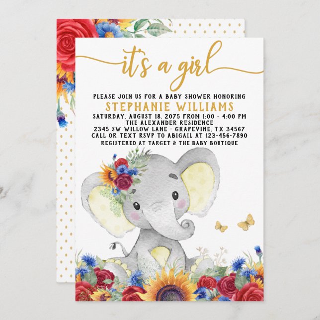 Sunflower Elephant Butterfly  Shower Invitation (Front/Back)