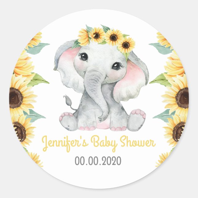 Sunflower Elephant Girl Sticker Label Baby Shower (Front)