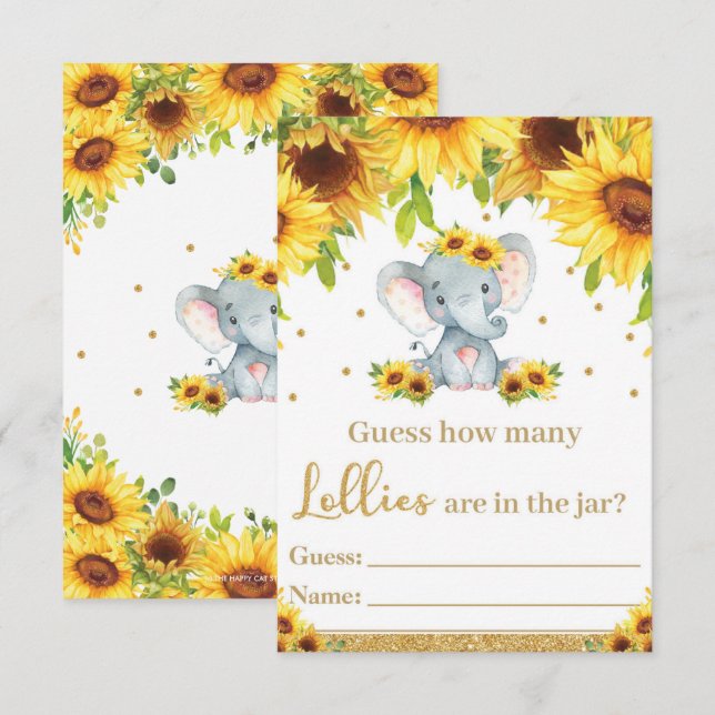 Sunflower Elephant Guess How Many Lollies Card (Front/Back)