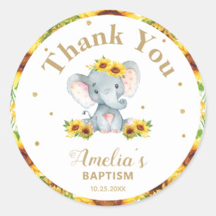 Sunflower Elephant Thank You Favour Gold Glitter Classic Round Sticker