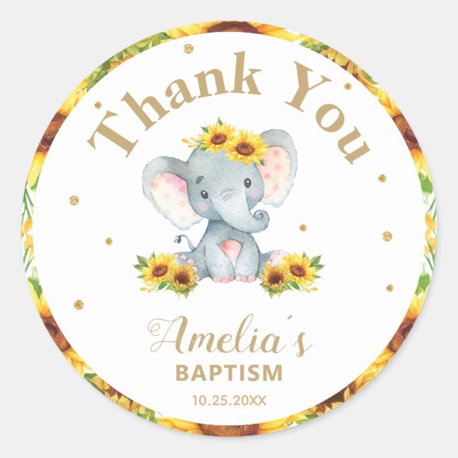 Sunflower Elephant Thank You Favour Gold Glitter Classic Round Sticker (Front)