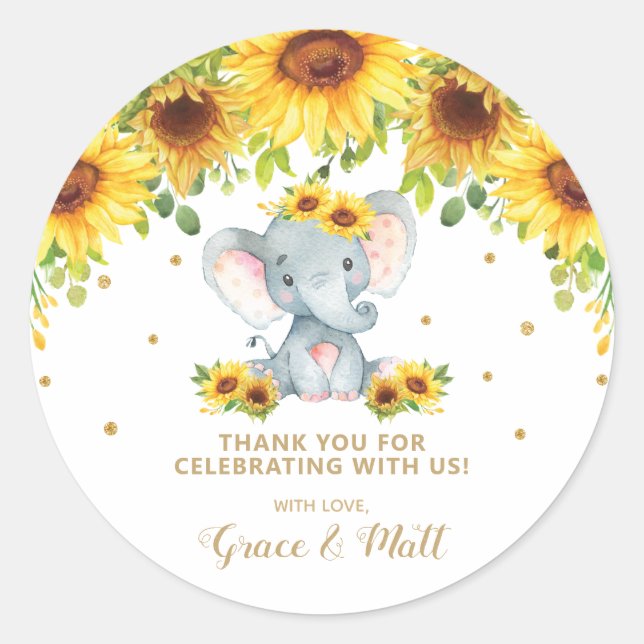 Sunflower Elephant Thank You Gold Glitter Classic Round Sticker (Front)