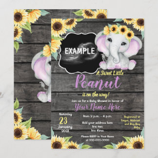 Sunflower Elephant Ultrasound Baby Shower Purple Invitation