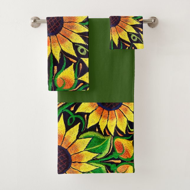 Sunflower Embroidery Mexican Art Bath Towel Set (Insitu)