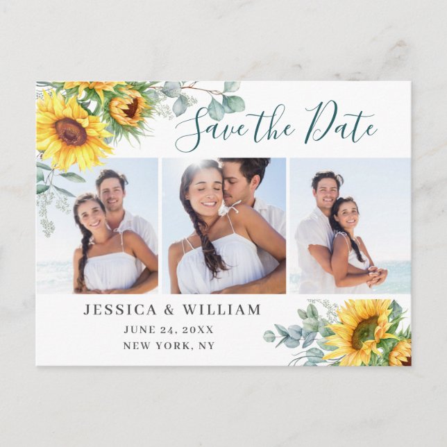 Sunflower Eucalyptus 3 PHOTO Wedding Save the Date Postcard (Front)