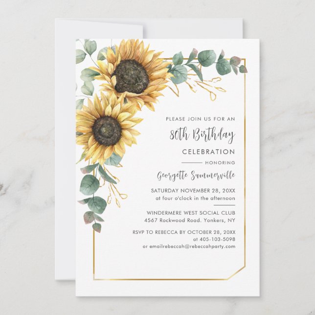 Sunflower Eucalyptus 80th Birthday Party Invitation (Front)