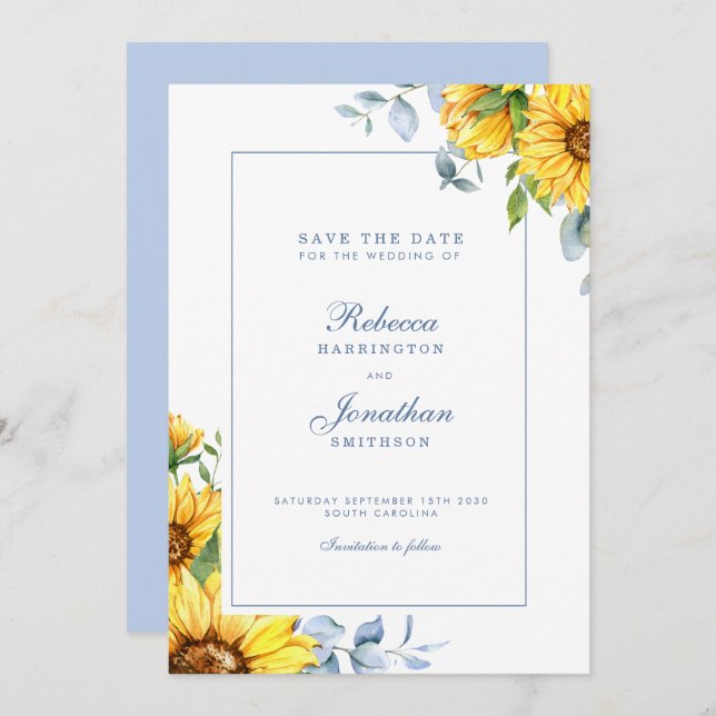 Sunflower & Eucalyptus Blue Wedding Save The Date (Front/Back)