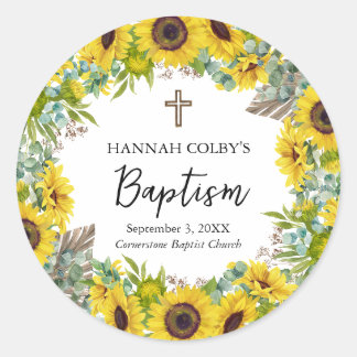 Sunflower & Eucalyptus Boho Cross Baptism Classic Round Sticker