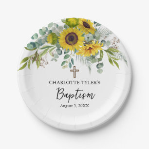 Sunflower & Eucalyptus Boho Cross Baptism Paper Plate