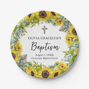 Sunflower & Eucalyptus Boho Cross Baptism Paper Plate