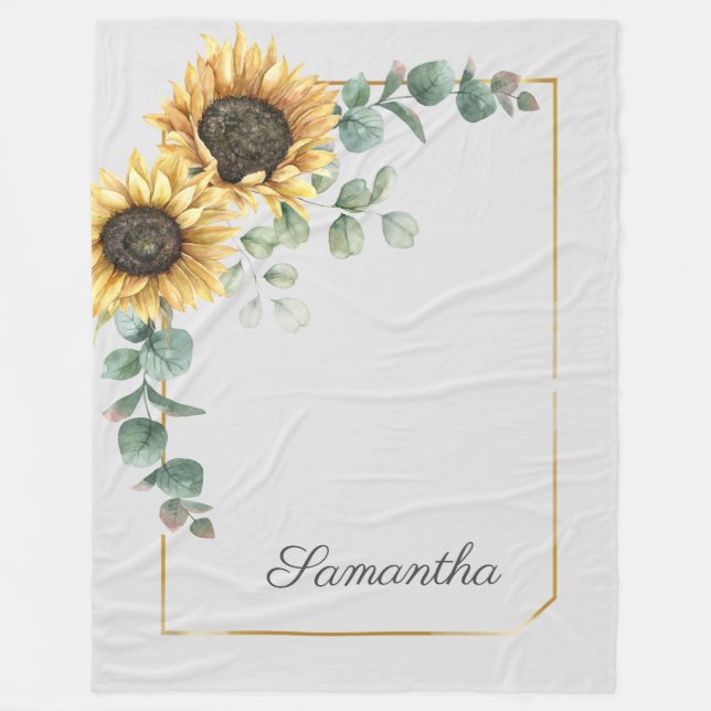 Sunflower Eucalyptus Botanical Floral Script Fleece Blanket (Front)