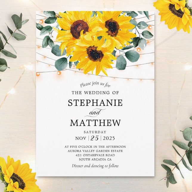 Sunflower Eucalyptus Botanical Lights Wedding Invitation (Creator Uploaded)