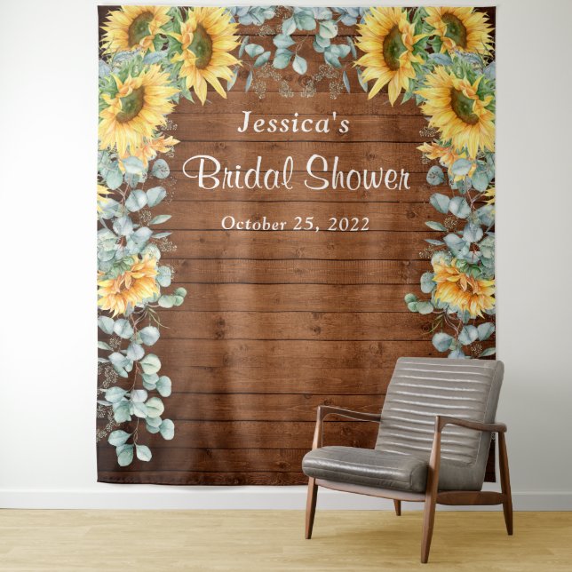 Sunflower Eucalyptus Bridal Shower Photo Backdrop Tapestry (In Situ)