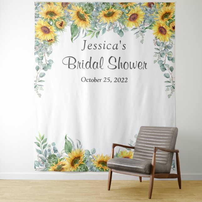 Sunflower Eucalyptus Bridal Shower Photo Backdrop Tapestry (In Situ)