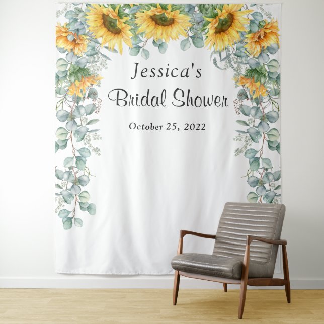 Sunflower Eucalyptus Bridal Shower Photo Backdrop Tapestry (In Situ)