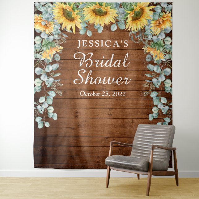 Sunflower Eucalyptus Bridal Shower Photo Backdrop Tapestry (In Situ)
