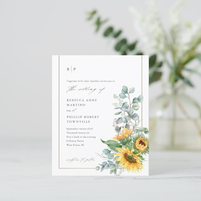Sunflower Eucalyptus Budget Wedding Invitation (Standing Front)