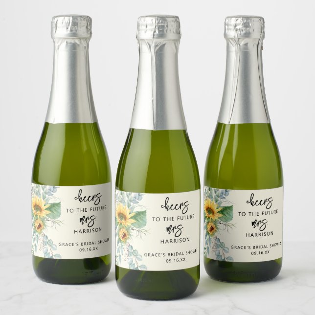 Sunflower Eucalyptus Cheers Bridal Shower Favour Sparkling Wine Label (Bottles)