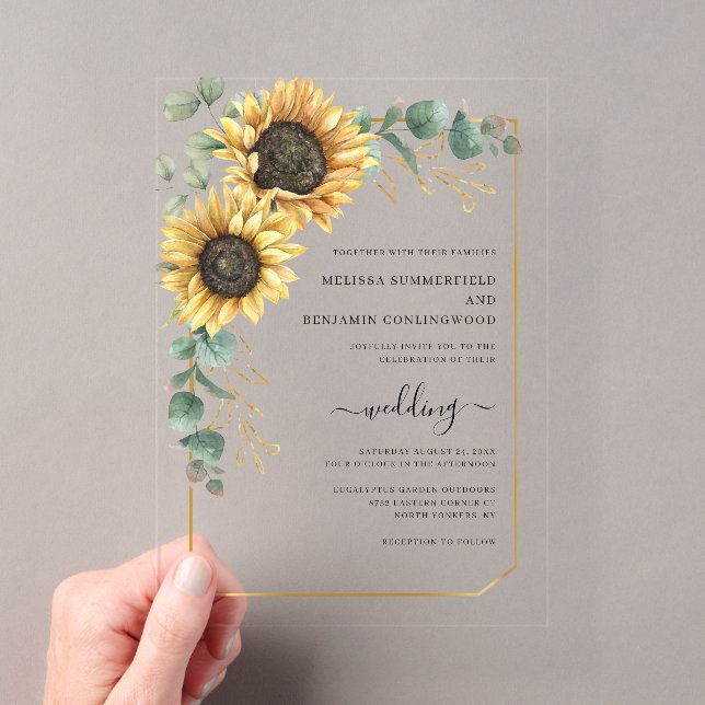 Sunflower Eucalyptus Elegant Wedding Acrylic Invitations (Insitu (Handheld))