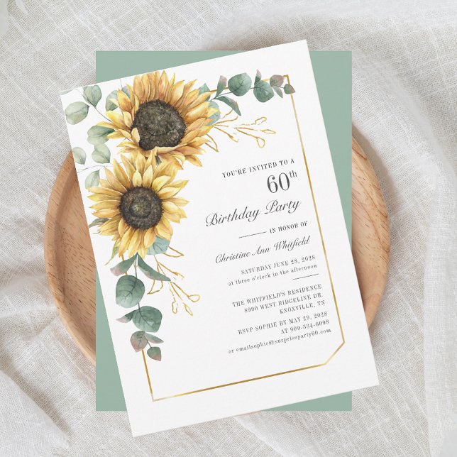 Sunflower Eucalyptus Floral 60th Birthday Invitation (Floral Sunflower Eucalyptus 60th Birthday Invitation)
