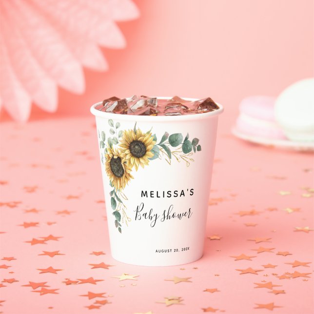 Sunflower Eucalyptus Floral Baby Shower Paper Cups (Insitu)
