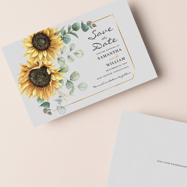 Sunflower Eucalyptus Floral Botanical Save Date Card (Sunflower Eucalyptus Wedding Save the Date Announcement)