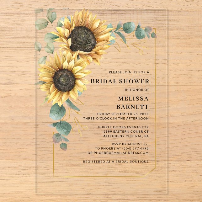 Sunflower Eucalyptus Floral Bridal Shower Acrylic Invitations (Front)