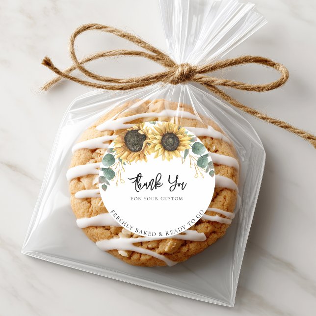 Sunflower Eucalyptus Floral Business Thank You Classic Round Sticker (Sunflower Eucalyptus Floral Business Thank You Classic Round Sticker)