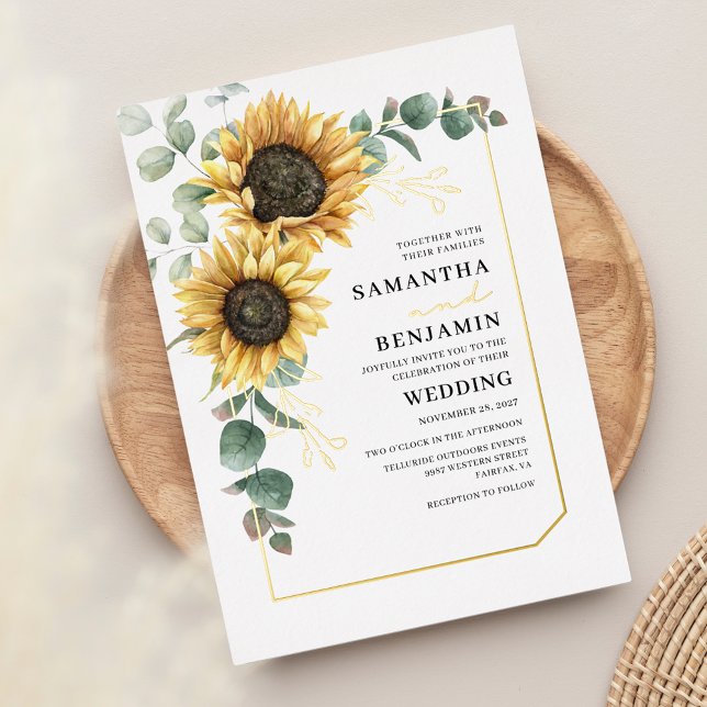 Sunflower Eucalyptus Floral Greenery Wedding (Floral Sunflower Eucalyptus Wedding Gold Foil Invitation)