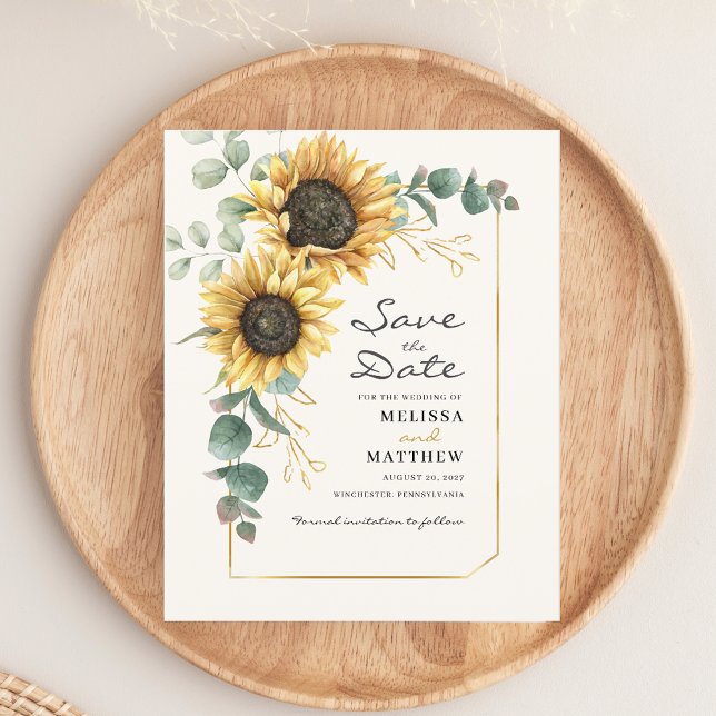 Sunflower Eucalyptus Floral Save The Date Flyer (Watercolor Sunflower Script Wedding Save the Date Announcement)