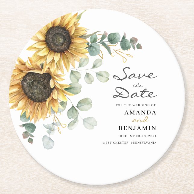 Sunflower Eucalyptus Floral Save The Date Round Paper Coaster (Front)