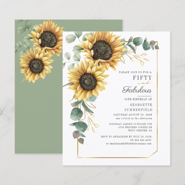 Sunflower Eucalyptus Floral Script 50th Birthday I (Front/Back)