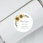Sunflower Eucalyptus Floral Wedding Favour Classic Round Sticker<br><div class="desc">Create a modern Sunflower Floral favours with this cute template featuring beautiful rustic floral bouquet, geometric gold effect frame, with modern simple typography. TIP: Matching wedding suite cards like RSVP, wedding programs, banners, tapestry, gift tags, signs, and other wedding keepsakes and goodies are available in the collection below featuring this...</div>