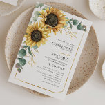 Sunflower Eucalyptus Floral Wedding Invitation<br><div class="desc">Create your modern Sunflower Floral Wedding invitation budget card with this cute template featuring beautiful rustic floral bouquet, geometric gold effect frame, with modern simple typography. TIP: Matching wedding suite cards like RSVP, wedding programs, banners, tapestry, gift tags, signs, and other wedding keepsakes and goodies are available in the collection...</div>