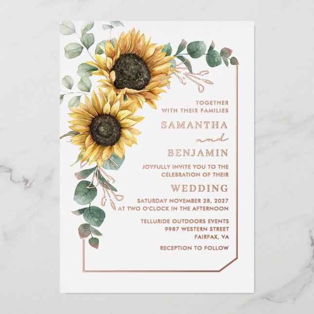 Sunflower Eucalyptus Floral Wedding Rose Gold (Front)