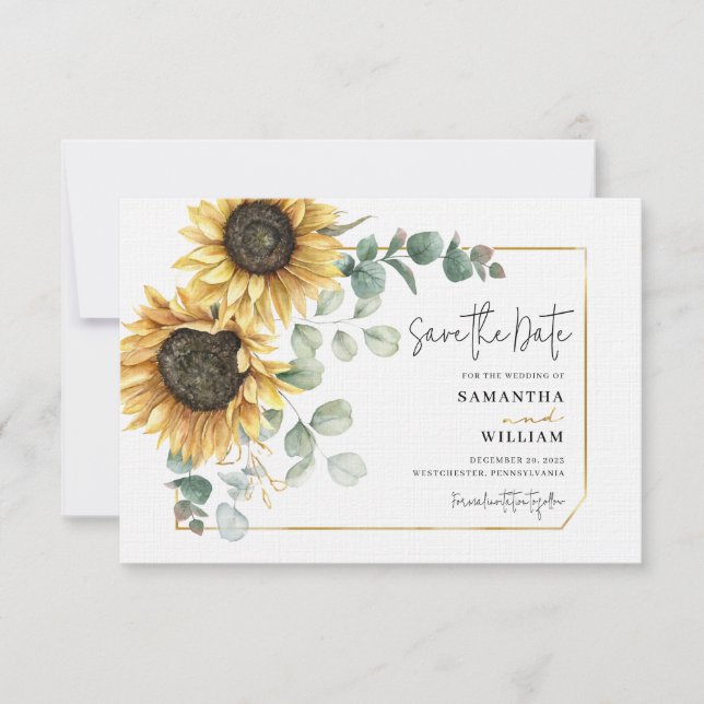 Sunflower Eucalyptus Floral Wedding Save the Date Card (Front)