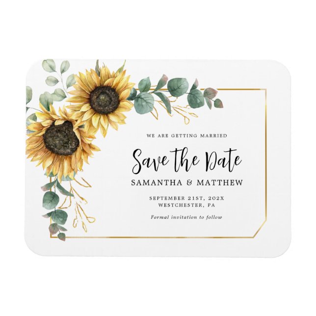 Sunflower Eucalyptus Floral Wedding Save the Date Magnet (Horizontal)