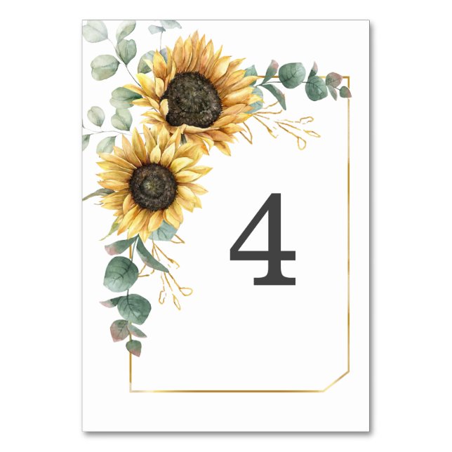 Sunflower Eucalyptus Floral Wedding Table Number (Front)