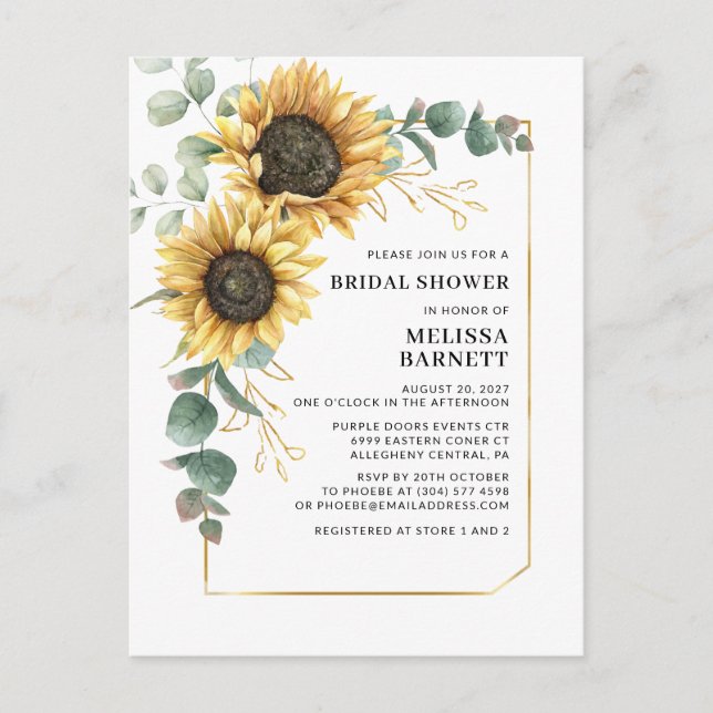 Sunflower Eucalyptus Geometric Bridal Shower Invitation Postcard (Front)