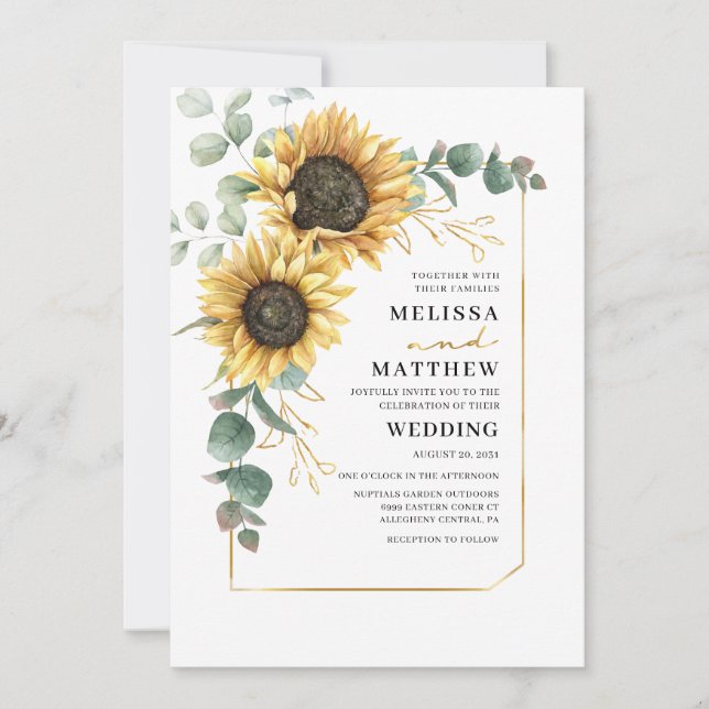 Sunflower Eucalyptus Geometric Floral Wedding Invitation (Front)