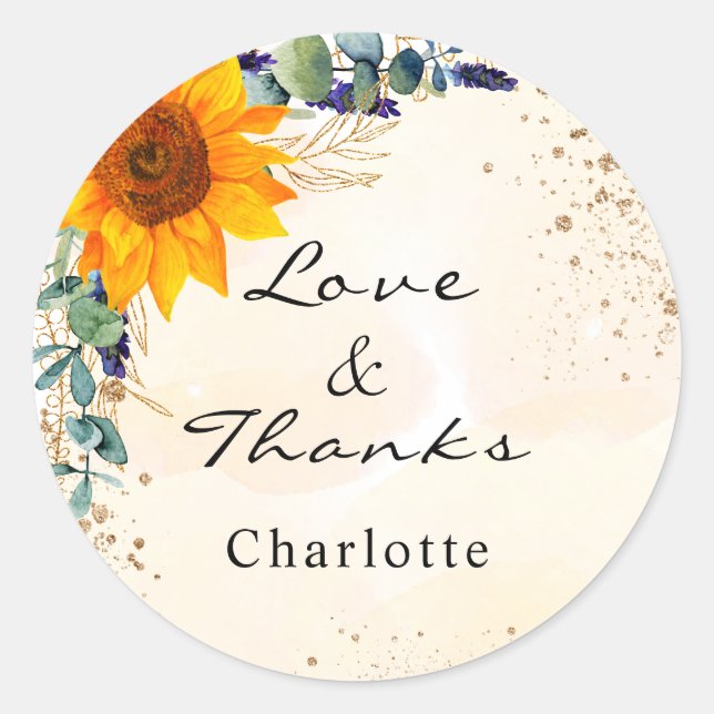 Sunflower eucalyptus glitter dust monogram thanks classic round sticker (Front)