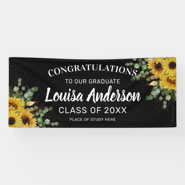 Sunflower, Eucalyptus & Gold Confetti Graduation  Banner (Horizontal)