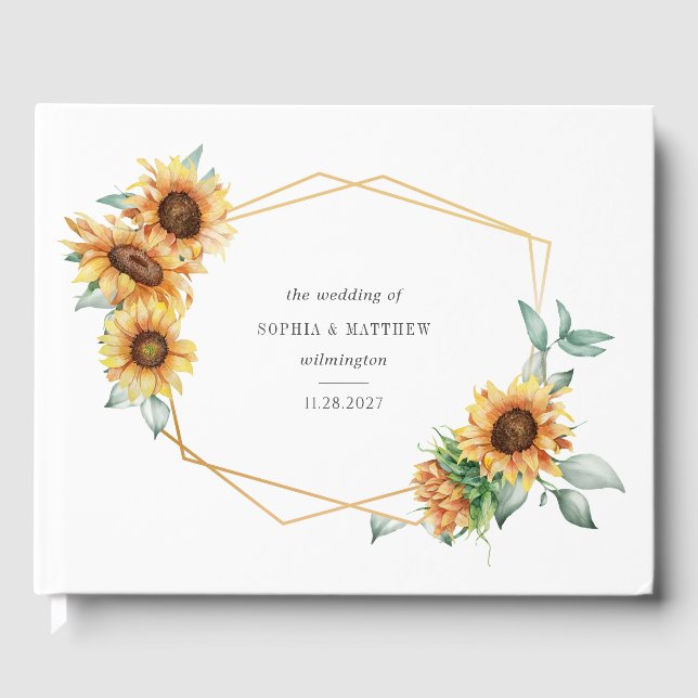 Sunflower Eucalyptus Gold Geometric Floral Wedding Guest Book (Front)
