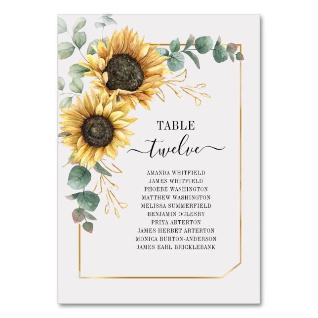 Sunflower Eucalyptus Gold Geometric Frame Wedding  Table Number (Front)