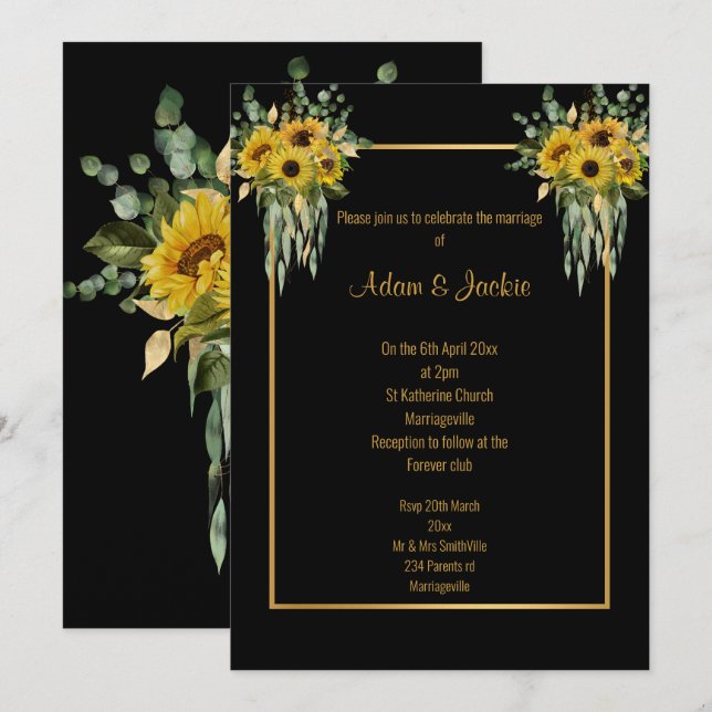 SUNFLOWER EUCALYPTUS GOLD TRIM ELEGANT WEDDING 2 INVITATION (Front/Back)